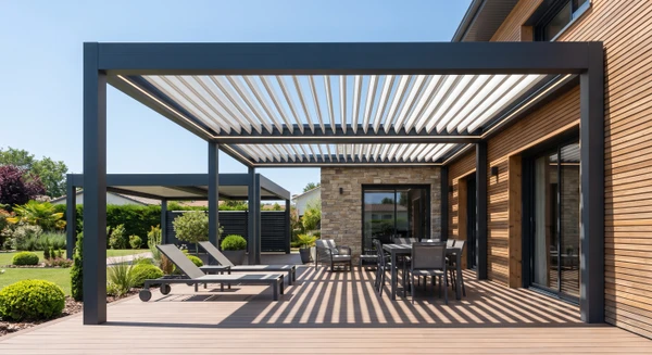 Pergola bioclimatique en aluminium anthracite avec lames orientables blanches, photographiée en plein jour depuis la terrasse. La structure autoportante épurée est associée à un carport métallique contemporain visible partiellement en arrière-plan, également en aluminium anthracite. La pergola dispose d'un éclairage LED intégré, de stores latéraux rétractables, et crée une zone d'ombre parfaitement délimitée sur une terrasse en bois composite. Environnement résidentiel haut de gamme avec mobilier contemporain, murs de façade en pierre ou bardage moderne, végétation de jardin soigné. Vue d'ensemble montrant le savoir-faire sur-mesure et la qualité de finition.