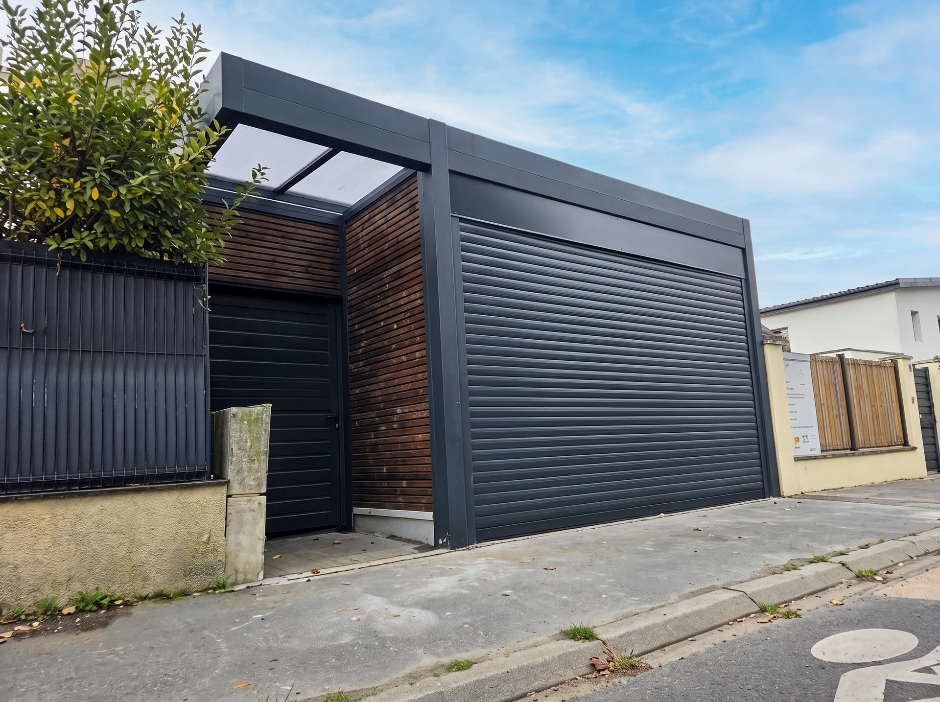 Espace extérieur résidentiel avec piscine rectangulaire à débordement, entourée de margelles en béton et terrasse en lames de bois composite